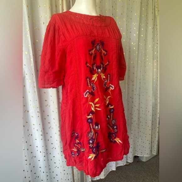 Free People 100% Cotton Perfectly Victorian Boho Embroidered Dress In Tomato S - Picture 8 of 14
